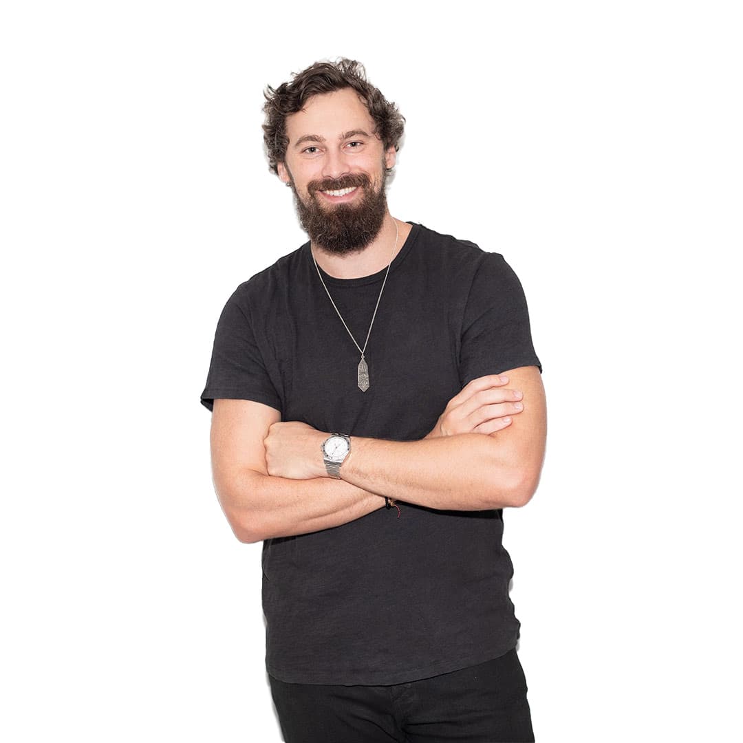 Will Mitchell, tee, arms crossed: full frame on a white background