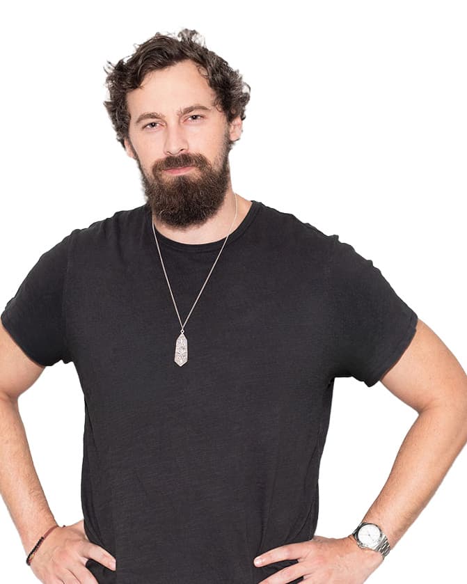 Will Mitchell, tee, hands on hips: head and shoulders on a white background